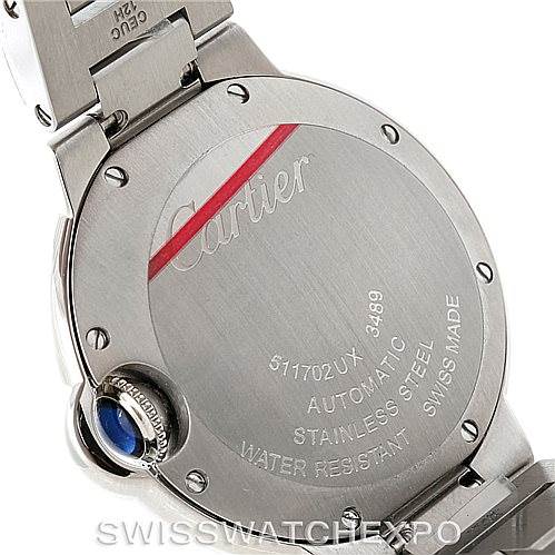 The image shows the back of a Cartier Ballon Bleu W6920071 Women's Stainless Steel Silver Dial W6920071 Women's Stainless Steel Silver Dial watch, detailing the case back, crown, and part of the bracelet.