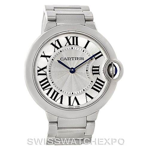 The image shows a frontal view of the Cartier Ballon Bleu W69011Z4 Women
s Stainless Steel Silver Dial W69011Z4 Women
s Stainless Steel Silver Dial watch, displaying its dial, Roman numerals, and metal bracelet.