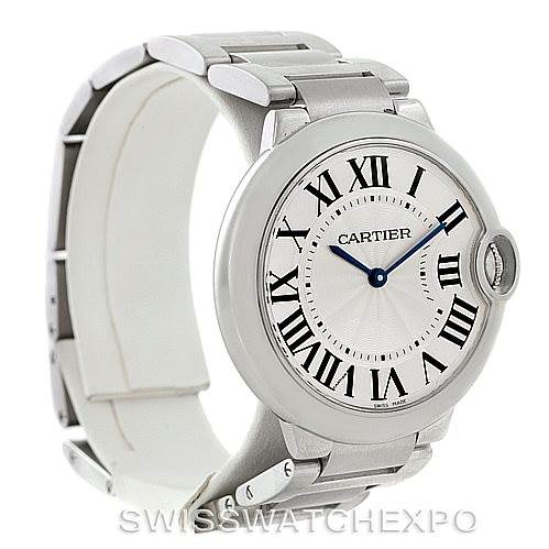 The image shows a Cartier Ballon Bleu W69011Z4 Women
s Stainless Steel Silver Dial W69011Z4 Women
s Stainless Steel Silver Dial watch at a three-quarter angle, highlighting the face, bracelet, and clasp.