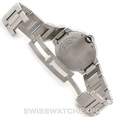 The image shows the back and bracelet of a Cartier Ballon Bleu W69011Z4 Women
s Stainless Steel Silver Dial W69011Z4 Women
s Stainless Steel Silver Dial watch at an angle.