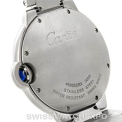 This image shows the case back and part of the crown of a Ballon Bleu model by Cartier.