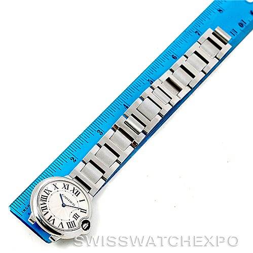 The image shows a Cartier Ballon Bleu W69011Z4 Women
s Stainless Steel Silver Dial W69011Z4 Women
s Stainless Steel Silver Dial watch laid flat, with the face and metal bracelet band measured against a ruler.