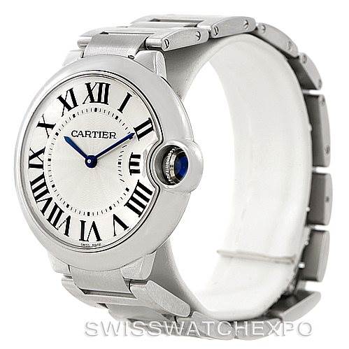 This image shows a Cartier Ballon Bleu W69011Z4 Women
s Stainless Steel Silver Dial W69011Z4 Women
s Stainless Steel Silver Dial watch at a 3/4 angle, highlighting the face, bracelet, and distinct crown.