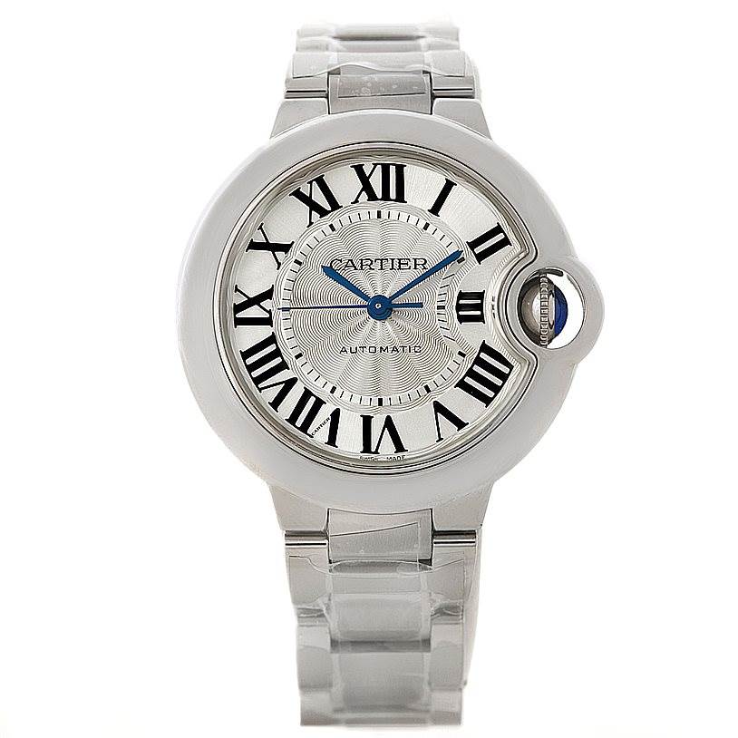 The image shows a front view of the Cartier Ballon Bleu W6920046 Women's Stainless Steel Silver Dial W6920046 Women's Stainless Steel Silver Dial watch, displaying the face, bezel, and bracelet.