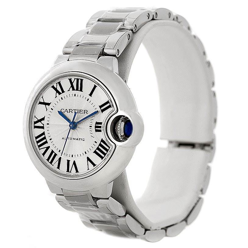 The Cartier Ballon Bleu W6920046 Women's Stainless Steel Silver Dial W6920046 Women's Stainless Steel Silver Dial watch is shown at a three-quarter angle, showcasing the face, crown, and bracelet.