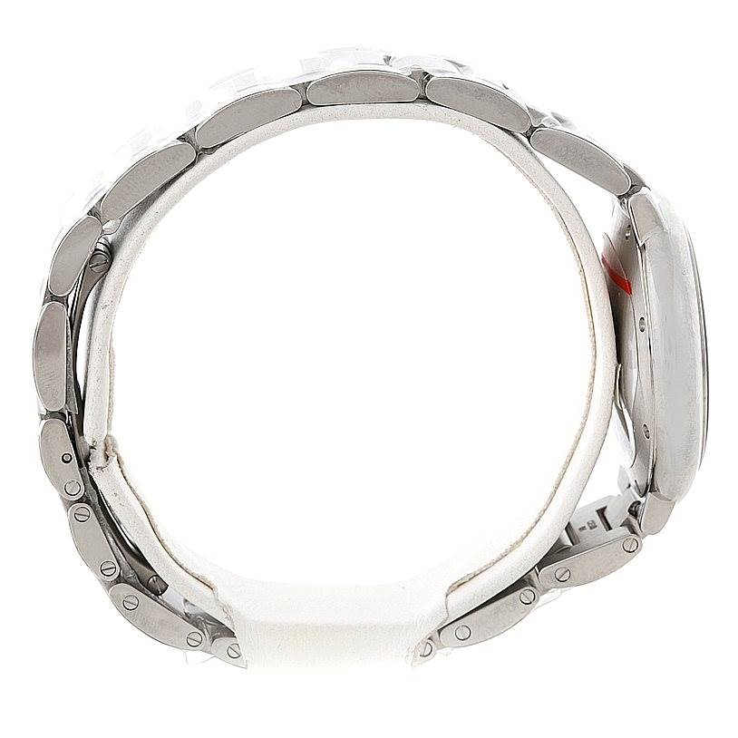 The image shows a side profile of a Cartier Ballon Bleu W6920046 Women's Stainless Steel Silver Dial W6920046 Women's Stainless Steel Silver Dial watch highlighting the bracelet and case.