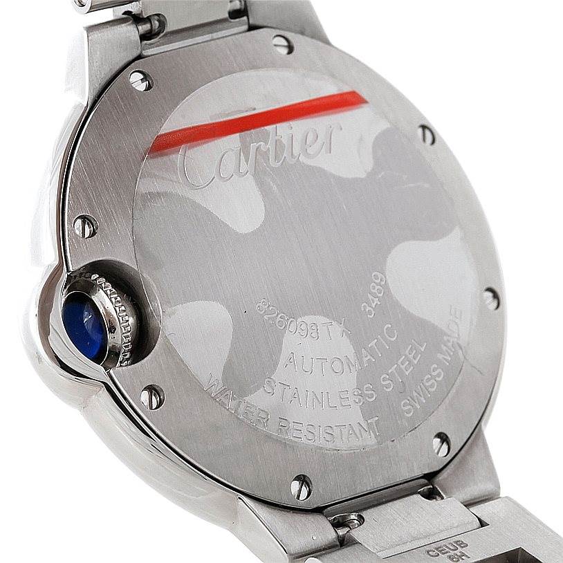 The image shows the back of a Cartier Ballon Bleu W6920046 Women's Stainless Steel Silver Dial W6920046 Women's Stainless Steel Silver Dial watch, focusing on the case back and part of the bracelet.