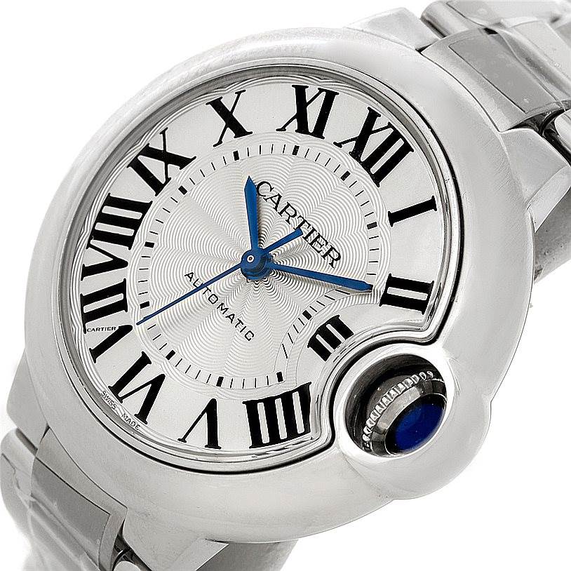 The image shows the dial, crown, and bracelet of a Cartier Ballon Bleu W6920046 Women's Stainless Steel Silver Dial W6920046 Women's Stainless Steel Silver Dial watch from a slightly tilted angle.