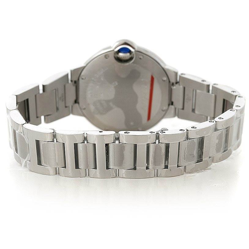 This image shows the back view of a Cartier Ballon Bleu W6920046 Women's Stainless Steel Silver Dial W6920046 Women's Stainless Steel Silver Dial watch, highlighting its stainless steel bracelet and case back.