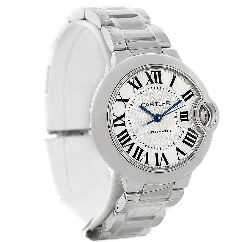 The image shows a Cartier Ballon Bleu W6920046 Women's Stainless Steel Silver Dial W6920046 Women's Stainless Steel Silver Dial watch at a slight angle, displaying its face, bracelet, and side crown.