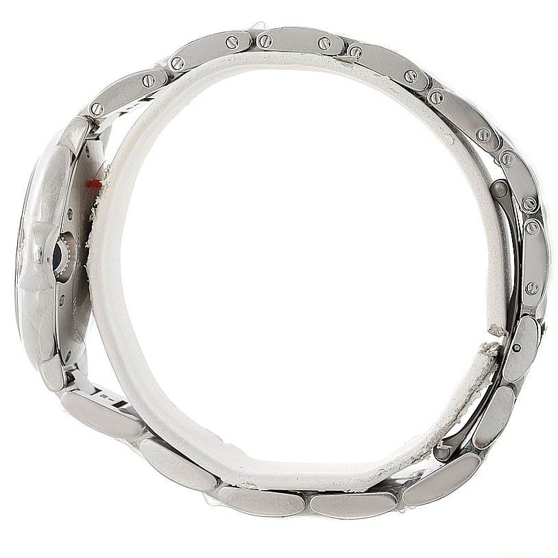 The image shows a side view of the Cartier Ballon Bleu W6920046 Women's Stainless Steel Silver Dial W6920046 Women's Stainless Steel Silver Dial watch, emphasizing the metal band and crown.