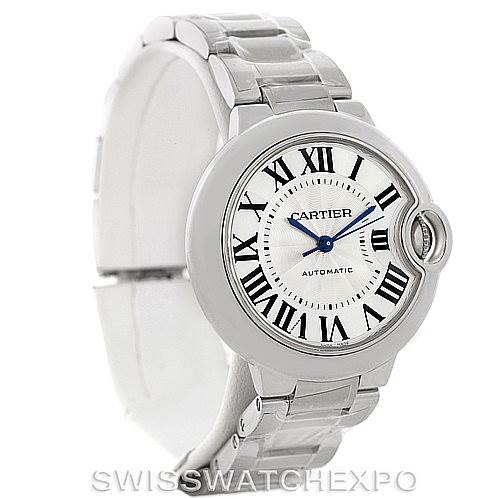 The image shows a side-angle view of the Ballon Bleu model by Cartier, highlighting its round face and metal bracelet.