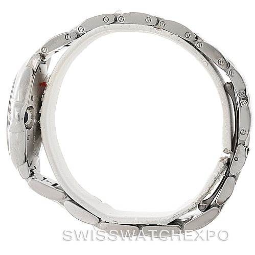 The image shows a side view of the Ballon Bleu model by Cartier, focusing on the bracelet and watch case.