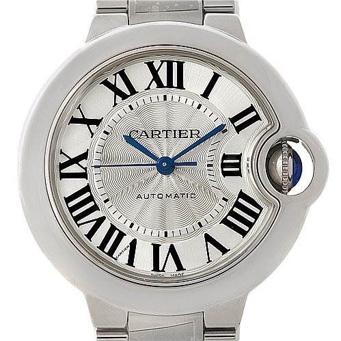 This image shows a front view of the Cartier Ballon Bleu W6920046 Women's Stainless Steel Silver Dial W6920046 Women's Stainless Steel Silver Dial watch, highlighting its dial with Roman numerals and blue hands.