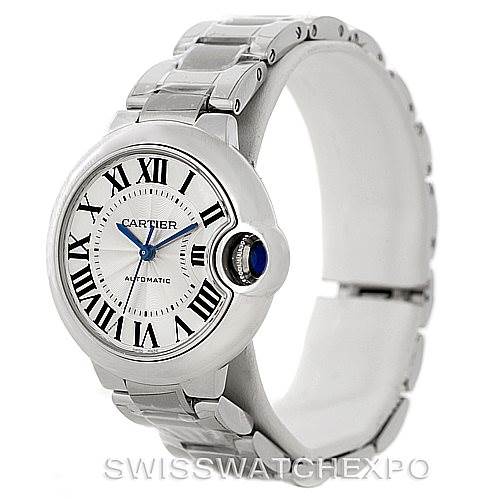 The image shows a Cartier Ballon Bleu W6920046 Women's Stainless Steel Silver Dial W6920046 Women's Stainless Steel Silver Dial watch from a front-facing angle, highlighting its round case, Roman numeral dial, and metallic bracelet.