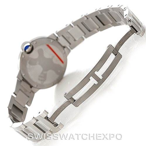 This image shows a side view of the Cartier Ballon Bleu W6920046 Women's Stainless Steel Silver Dial W6920046 Women's Stainless Steel Silver Dial watch focusing on its bracelet and clasp mechanism.
