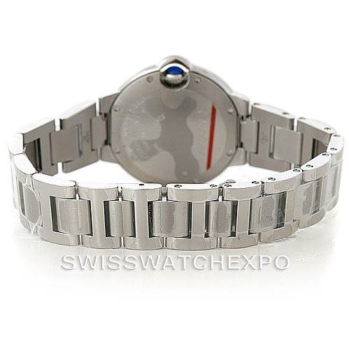 The image shows the back view of a Cartier Ballon Bleu W6920046 Women's Stainless Steel Silver Dial W6920046 Women's Stainless Steel Silver Dial watch, highlighting its stainless steel bracelet and case.