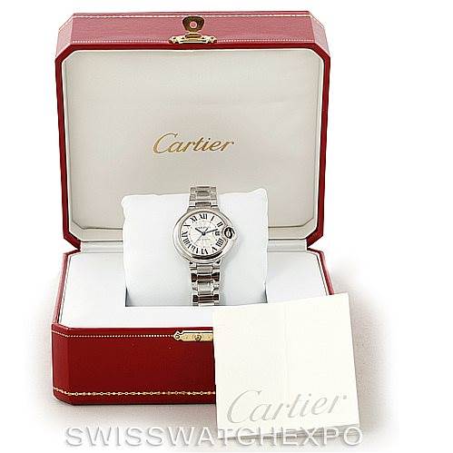The image shows a Cartier Ballon Bleu W6920046 Women's Stainless Steel Silver Dial W6920046 Women's Stainless Steel Silver Dial watch in its box, with the watch facing front and additional paperwork included.