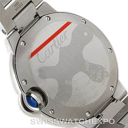This image shows the back of a Cartier Ballon Bleu W6920046 Women's Stainless Steel Silver Dial W6920046 Women's Stainless Steel Silver Dial watch, highlighting the stainless steel case, markings, and blue cabochon crown.