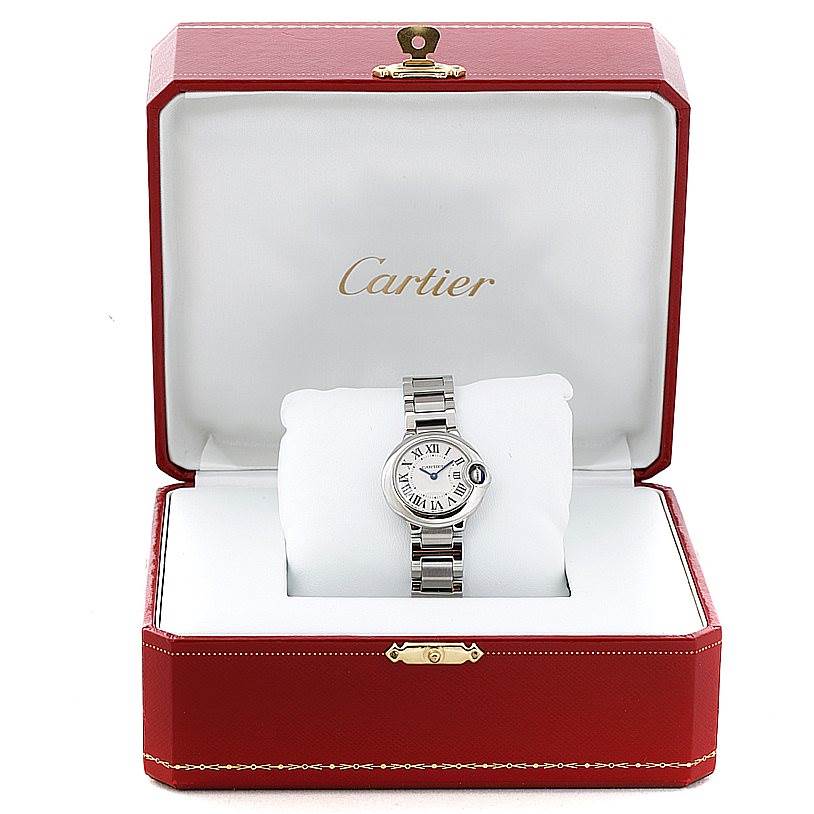 The Cartier Ballon Bleu W69007Z3 Women
s Stainless Steel Silver Dial W69007Z3 Women
s Stainless Steel Silver Dial watch is shown front-facing, displayed in its open red case.