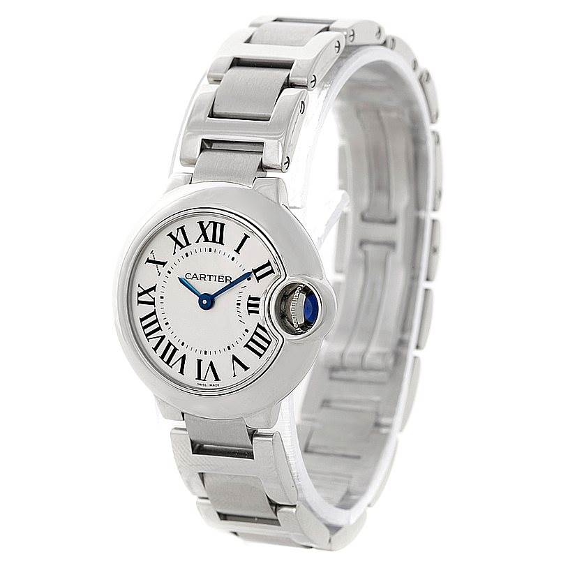 The image shows a frontal view of the Cartier Ballon Bleu W69007Z3 Women
s Stainless Steel Silver Dial W69007Z3 Women
s Stainless Steel Silver Dial watch, highlighting the face, bracelet, and crown.