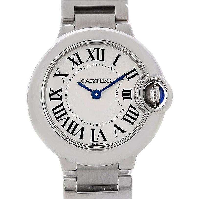 This is a front view of the Cartier Ballon Bleu W69007Z3 Women
s Stainless Steel Silver Dial W69007Z3 Women
s Stainless Steel Silver Dial watch displaying the dial, Roman numerals, and blue hands.