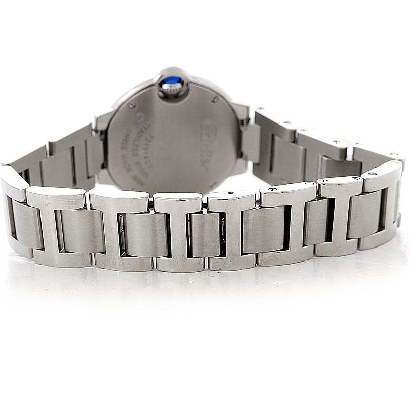 The image shows the back of the Cartier Ballon Bleu W69007Z3 Women
s Stainless Steel Silver Dial W69007Z3 Women
s Stainless Steel Silver Dial watch, highlighting its stainless steel bracelet and case back.