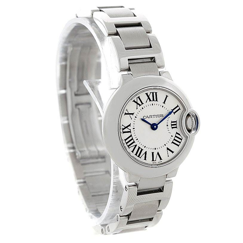 The Cartier Ballon Bleu W69007Z3 Women
s Stainless Steel Silver Dial W69007Z3 Women
s Stainless Steel Silver Dial watch is shown at an angled front view, highlighting the face, bezel, and part of the bracelet.