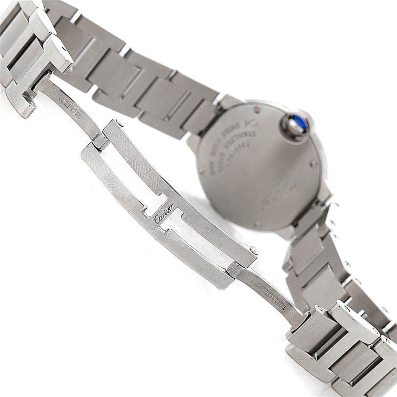 The image shows the back and clasp of a Cartier Ballon Bleu W69007Z3 Women
s Stainless Steel Silver Dial W69007Z3 Women
s Stainless Steel Silver Dial watch, highlighting the metal bracelet and blue cabochon crown.
