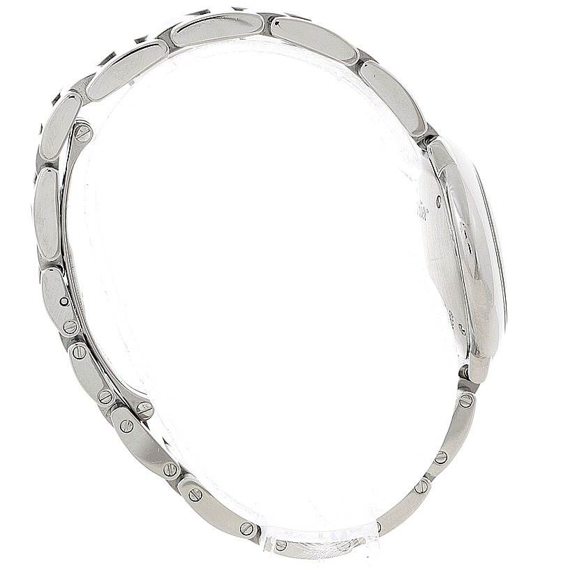 The image shows a side view of a Cartier Ballon Bleu W69007Z3 Women
s Stainless Steel Silver Dial W69007Z3 Women
s Stainless Steel Silver Dial watch, focusing on the metal bracelet and case.