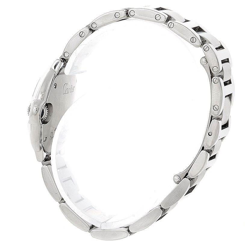 The image shows a side angle of the Ballon Bleu de Cartier watch, highlighting its stainless steel bracelet and clasp.