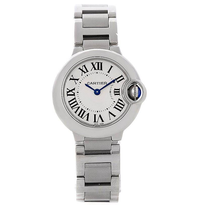 The image shows a front view of the Cartier Ballon Bleu W69007Z3 Women
s Stainless Steel Silver Dial W69007Z3 Women
s Stainless Steel Silver Dial watch, displaying its dial, bracelet, and blue hands.
