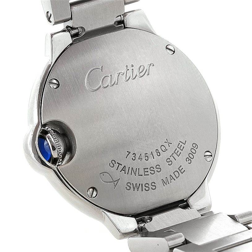 This image shows the back case of a Cartier Ballon Bleu W69007Z3 Women
s Stainless Steel Silver Dial W69007Z3 Women
s Stainless Steel Silver Dial watch, highlighting the branding, model number, and material details.