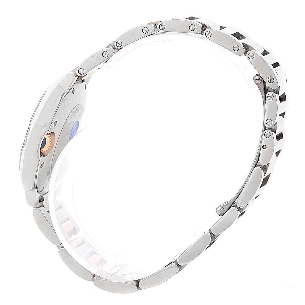 The image shows a side profile view of the Ballon Bleu watch by Cartier, focusing on the case and bracelet.