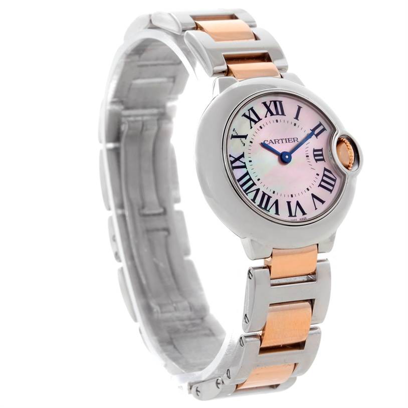 The image displays a Cartier Ballon Bleu W69011Z4 Women's Steel and Gold (two tone) Mother of Pearl Dial W69011Z4 Women's Steel and Gold (two tone) Mother of Pearl Dial watch at a slight angle, highlighting the face, bezel, and two-tone bracelet.