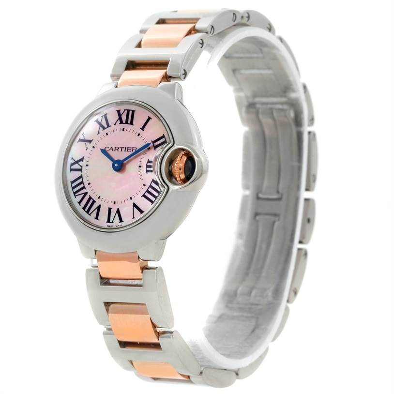 This Cartier Ballon Bleu W69011Z4 Women's Steel and Gold (two tone) Mother of Pearl Dial W69011Z4 Women's Steel and Gold (two tone) Mother of Pearl Dial watch is shown at an angled view, highlighting the face, bezel, and two-tone bracelet.
