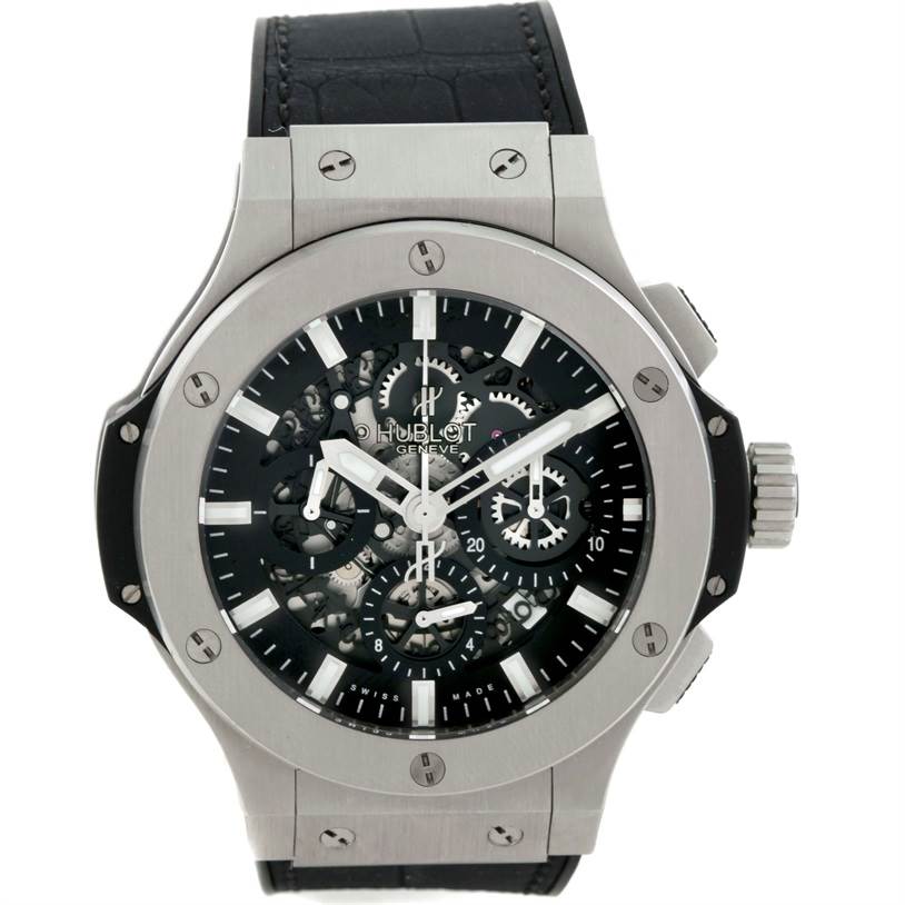 The image shows a front view of the Hublot Big Bang 311.SX.1170.RX Men's Stainless Steel Black Dial 311.SX.1170.RX Men's Stainless Steel Black Dial watch, displaying the dial, hands, crown, and part of the strap.