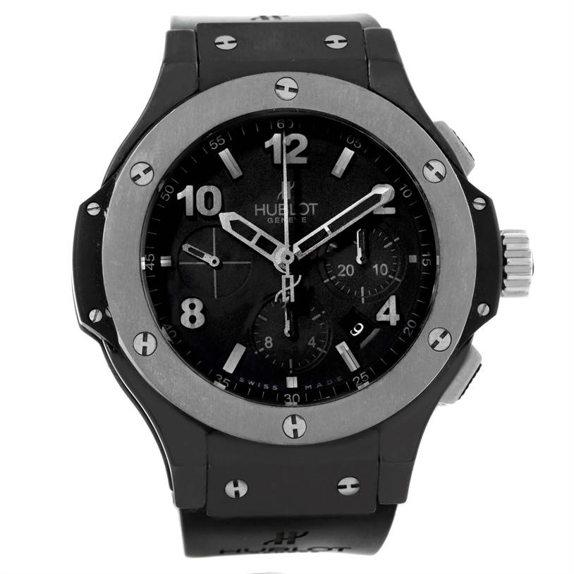 This is a front view of a Hublot Big Bang 301.CT.130.RX Men's Stainless Steel Black Dial 301.CT.130.RX Men's Stainless Steel Black Dial model watch, showing the face, bezel, crown, and rubber strap.