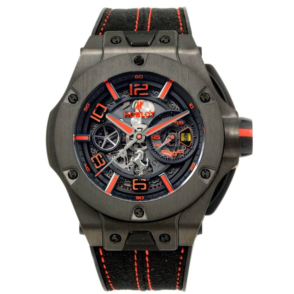 The image shows a front view of the Hublot Big Bang Ferrari 402.QU.0113.WR Men's Titanium Transparent Dial 402.QU.0113.WR Men's Titanium Transparent Dial watch, displaying its intricate dial and watch band.