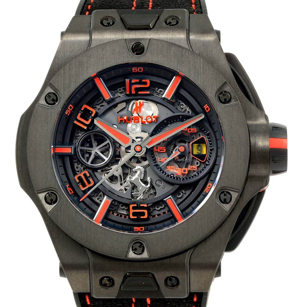 Front view of the Hublot Big Bang Ferrari 402.QU.0113.WR Men's Titanium Transparent Dial 402.QU.0113.WR Men's Titanium Transparent Dial watch displaying the dial, hands, and strap.