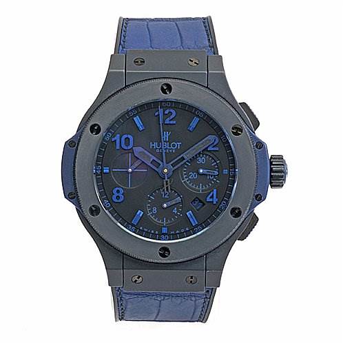 The image shows a frontal view of the Big Bang model by Hublot, highlighting the face, bezel, crown, and strap.