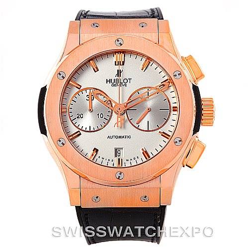 The image shows a front view of the Hublot Classic Fusion 521.OX.2610.LR Men's Rose Gold Silver Dial 521.OX.2610.LR Men's Rose Gold Silver Dial watch, displaying the dial, chronograph subdials, date, and bezel.