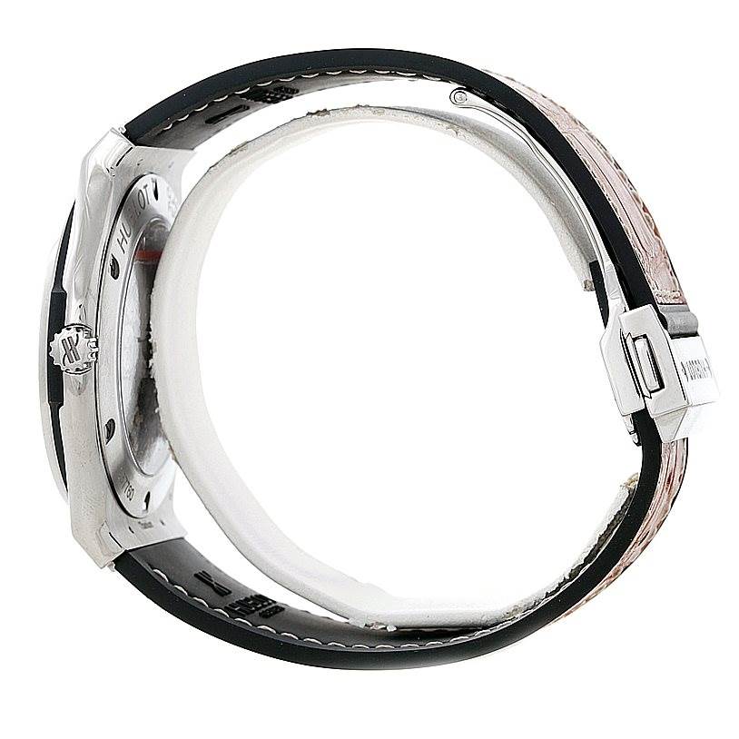 The image shows a side angle of the Hublot Classic Fusion 515.NX.2210.LR Men's Titanium White Dial 515.NX.2210.LR Men's Titanium White Dial watch, highlighting the case, crown, and strap with its clasp.