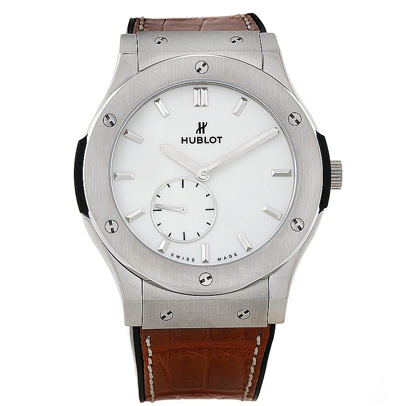 The image shows a front view of the Hublot Classic Fusion 515.NX.2210.LR Men's Titanium White Dial 515.NX.2210.LR Men's Titanium White Dial watch with a white dial and brown leather strap.