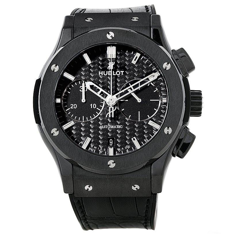 The Hublot Classic Fusion 521.CM.1770.RX Men's Stainless Steel Black Dial 521.CM.1770.RX Men's Stainless Steel Black Dial watch is shown from a front angle, highlighting its dial, bezel, crown, and leather strap.