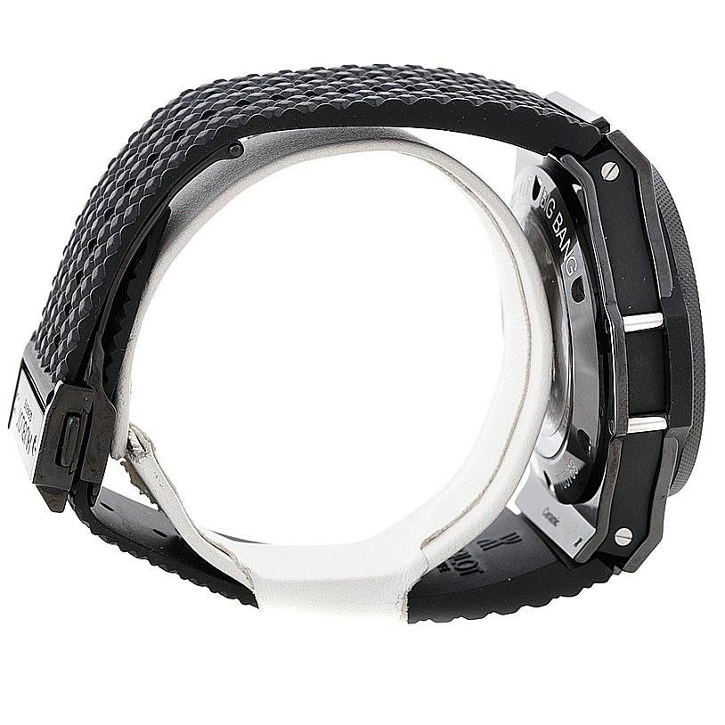 The image shows a side view of the Hublot Big Bang 301.CX.130.RX Men's Stainless Steel Black Dial 301.CX.130.RX Men's Stainless Steel Black Dial watch, highlighting the watch band and case back.