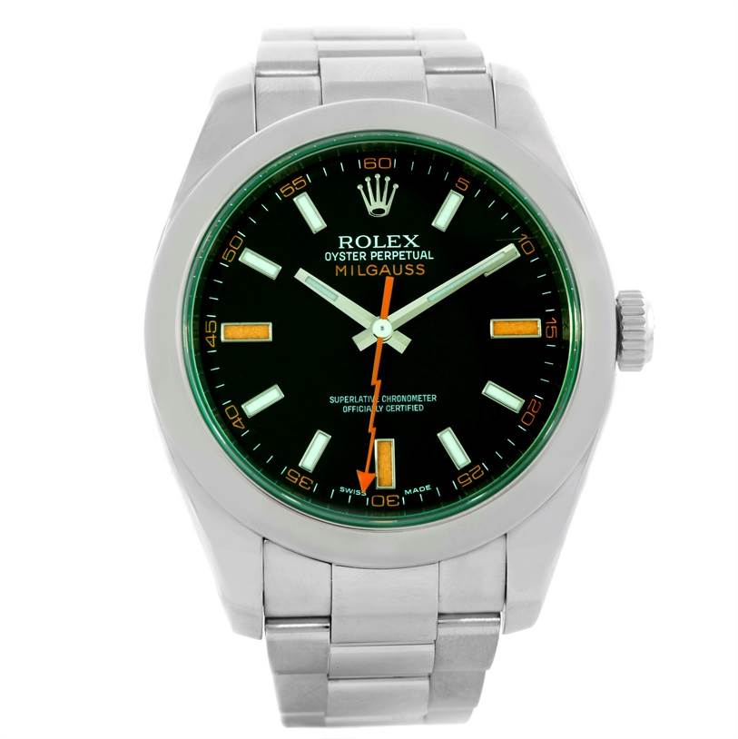 The image shows a front view of a Rolex Milgauss 116400V Men's Stainless Steel Black Dial 116400V Men's Stainless Steel Black Dial watch, displaying the dial, hands, and part of the bracelet.