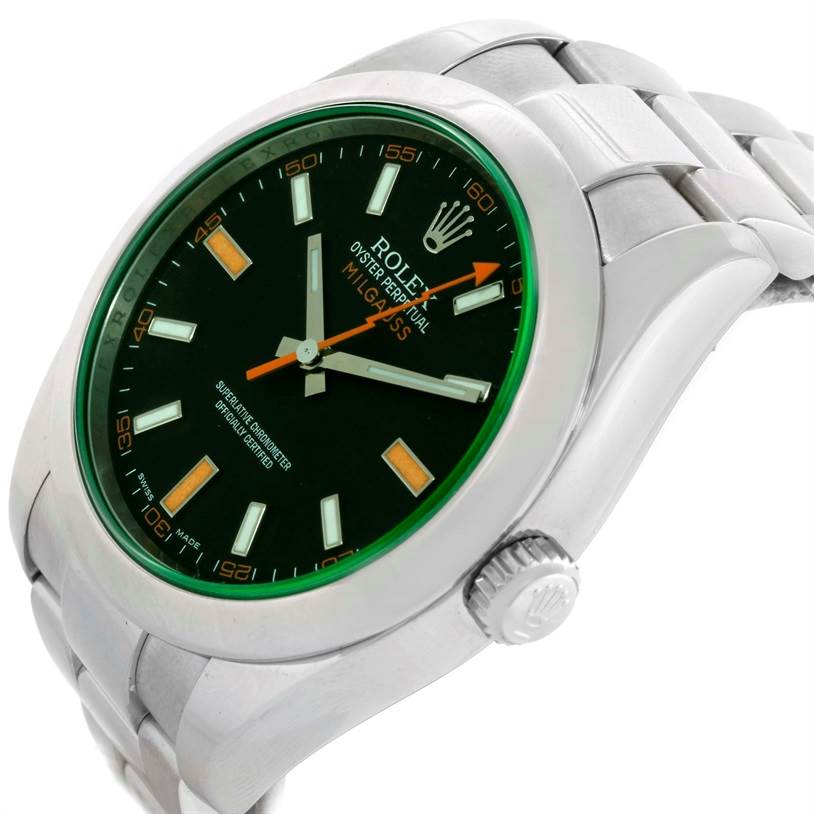 The image shows a Rolex Milgauss 116400V Men's Stainless Steel Black Dial 116400V Men's Stainless Steel Black Dial watch at a three-quarter angle, displaying the dial, case, and part of the bracelet.