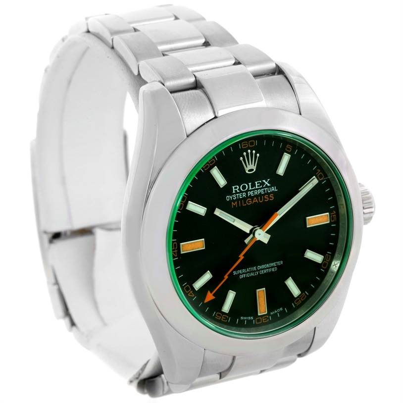 The Rolex Milgauss 116400V Men's Stainless Steel Black Dial 116400V Men's Stainless Steel Black Dial watch is shown from a three-quarter angle, highlighting the bracelet, dial, and bezel.