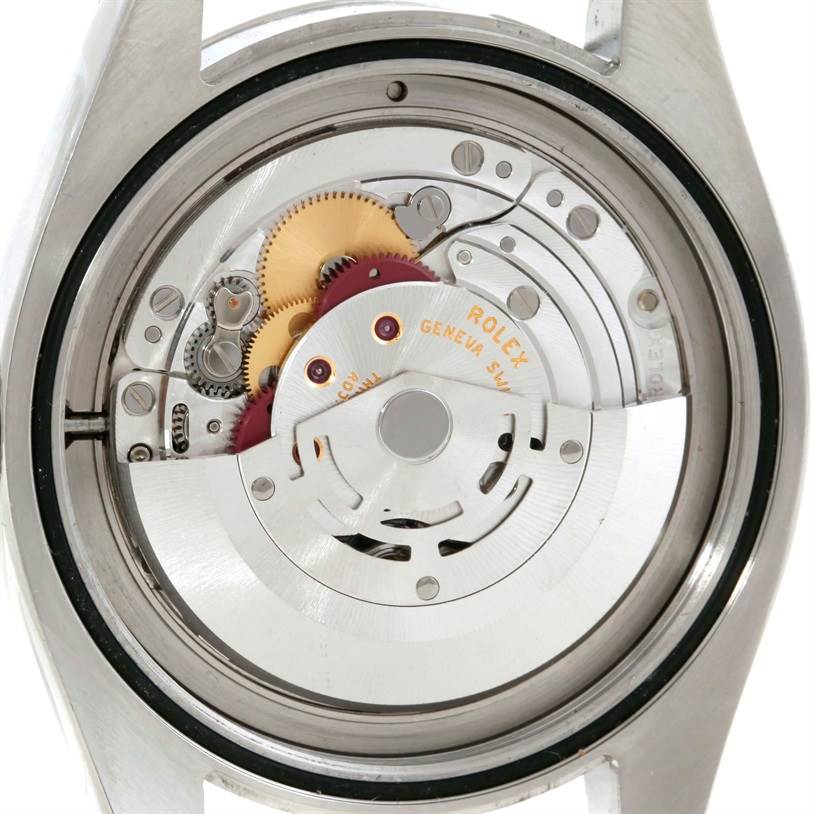 This image shows the intricate movement and inner mechanics of the Rolex Milgauss 116400V Men's Stainless Steel Black Dial 116400V Men's Stainless Steel Black Dial watch from a back view angle.